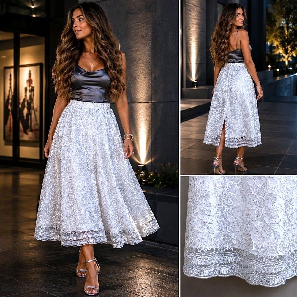 VTG Metallic Y2K Lace 20 Coquette Midi Skirt Silver White Formal Wedding Holiday